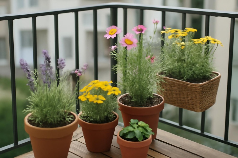 A small balcony with pots of flowering herbs and colorful pollinators